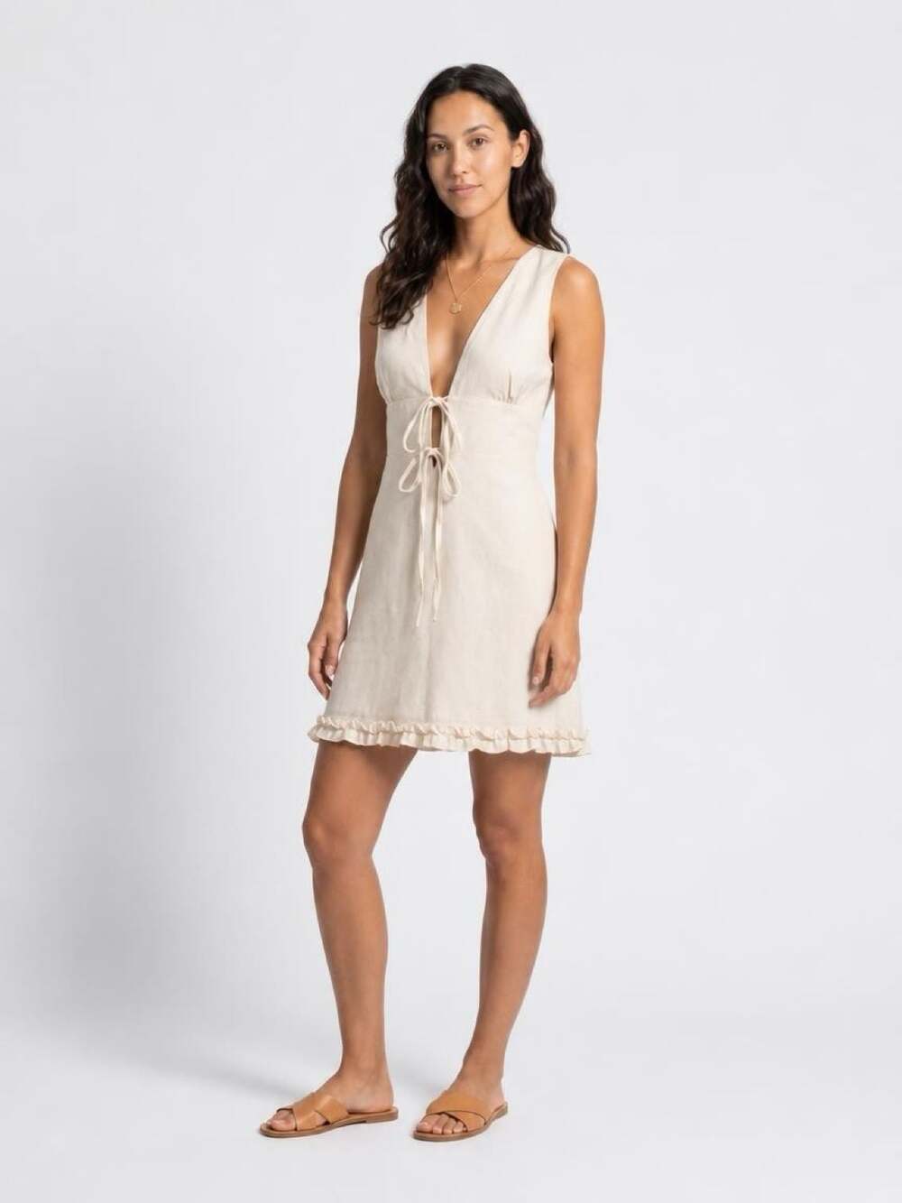 Monki Linen Blend Tie Front Mini Dress in Beige